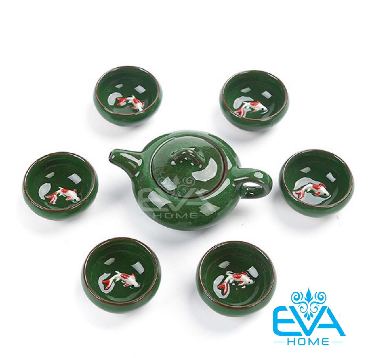 Bộ ấm chén trà ngọc cá 3D