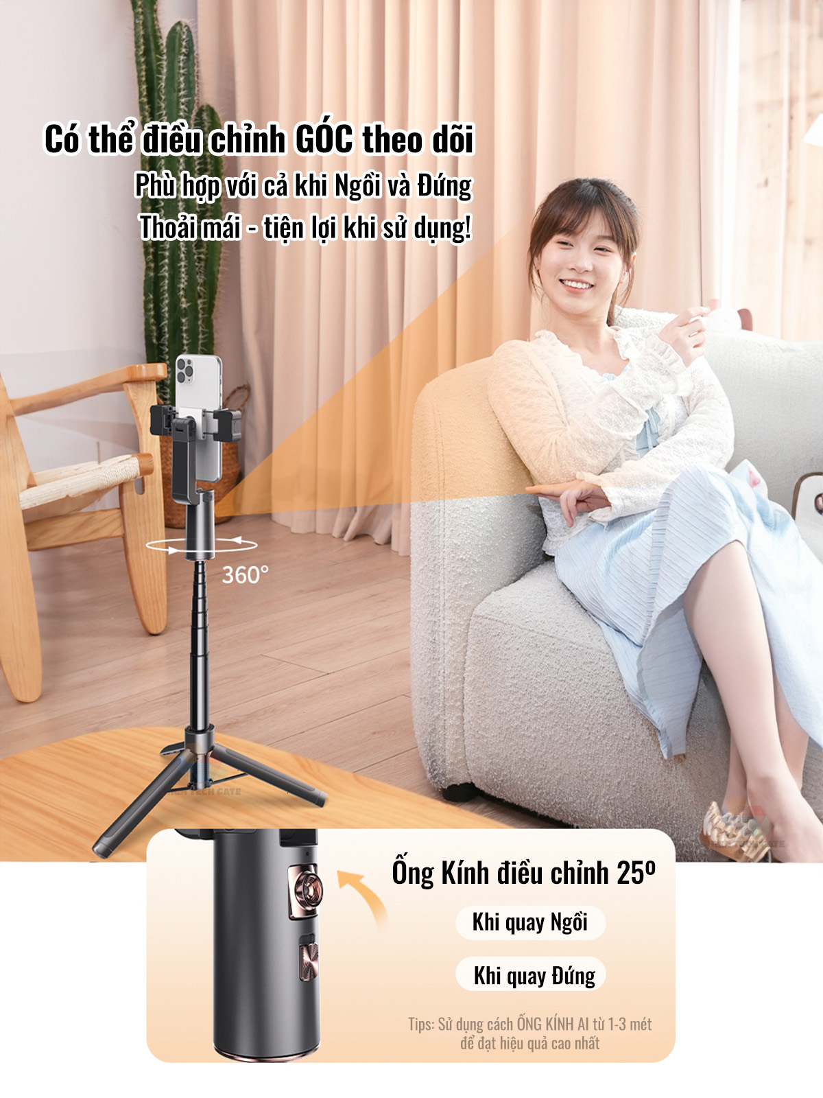 Chân quay video, chụp ảnh AI thông minh A100 cho điện thoại, dõi theo chủ thể khi chuyển động, có điều khiển gimbal 360, hàng chính hãng