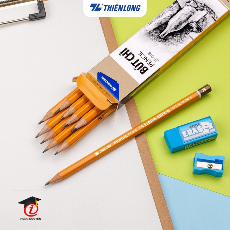 Hộp 10 bút chì gỗ 2B Thiên Long GP-018 Viết chì chuốt nét đậm, đen, thân lục giác dành cho học sinh luyện viết chữ đẹp