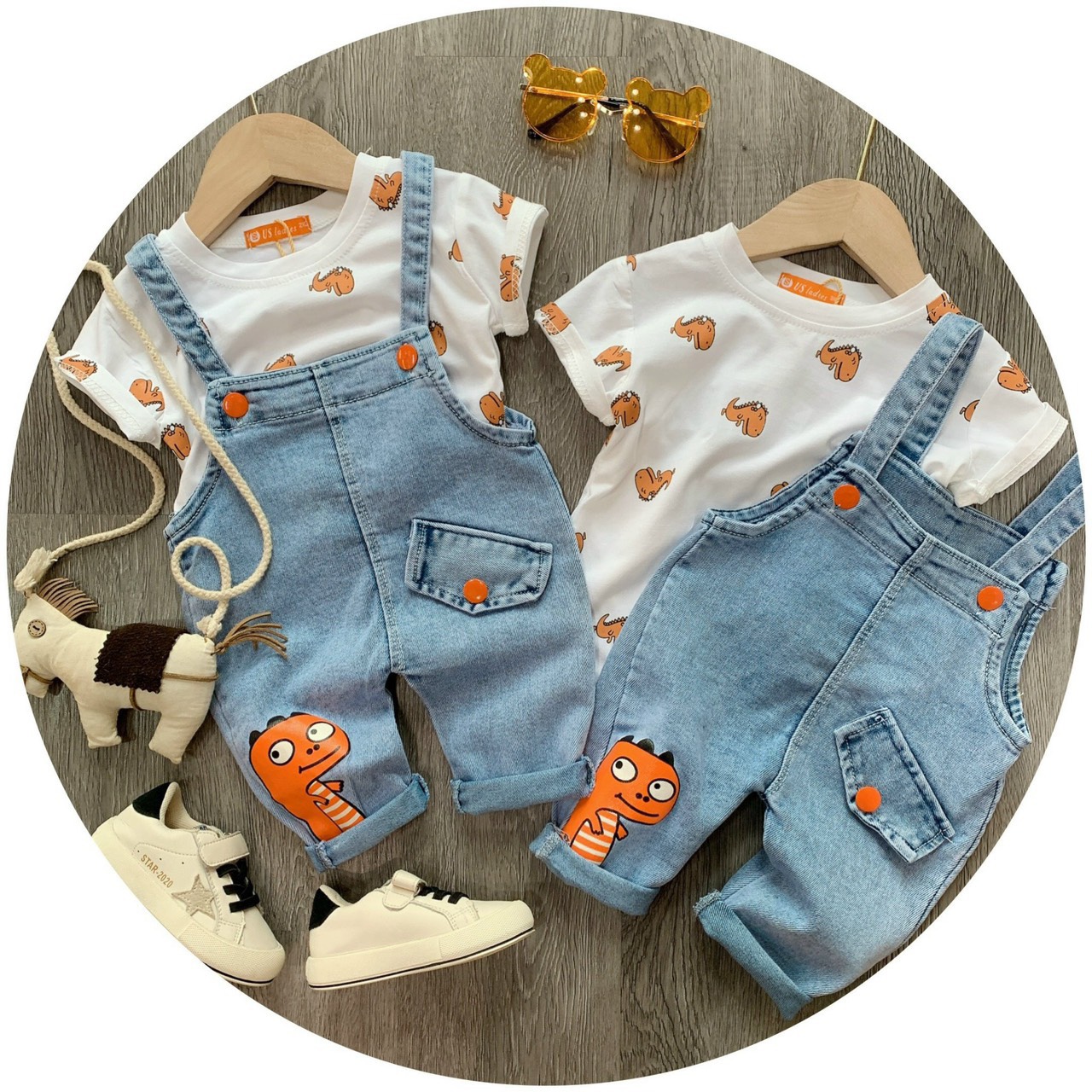 [HCM]Set áo cotton quần yếm bò bé gái SETN433