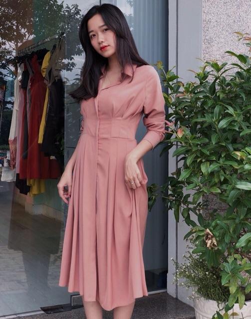 [HCM]Đầm sm hồng đậm xếp li (kèm hình thật)