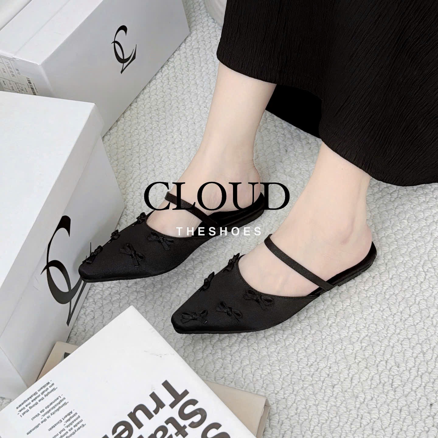 Giày bệt nữ mũi nhọn đính nơ quai ngang mảnh thời trang Cloud The Shoes