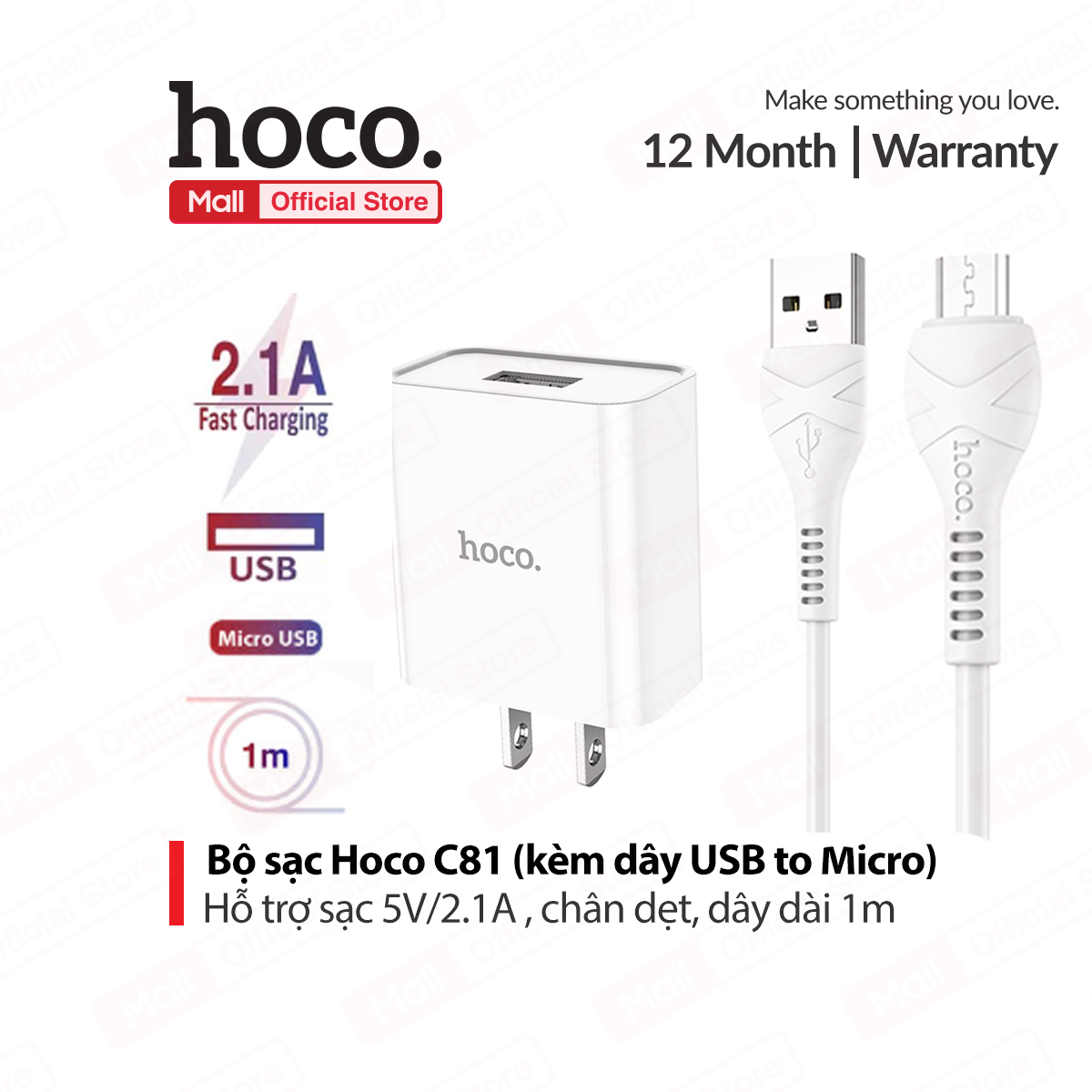Bộ sạc hoco c81 kèm dây sạc usb to micro sạc 5v/2.1a , dây dài 1m , chân dẹt