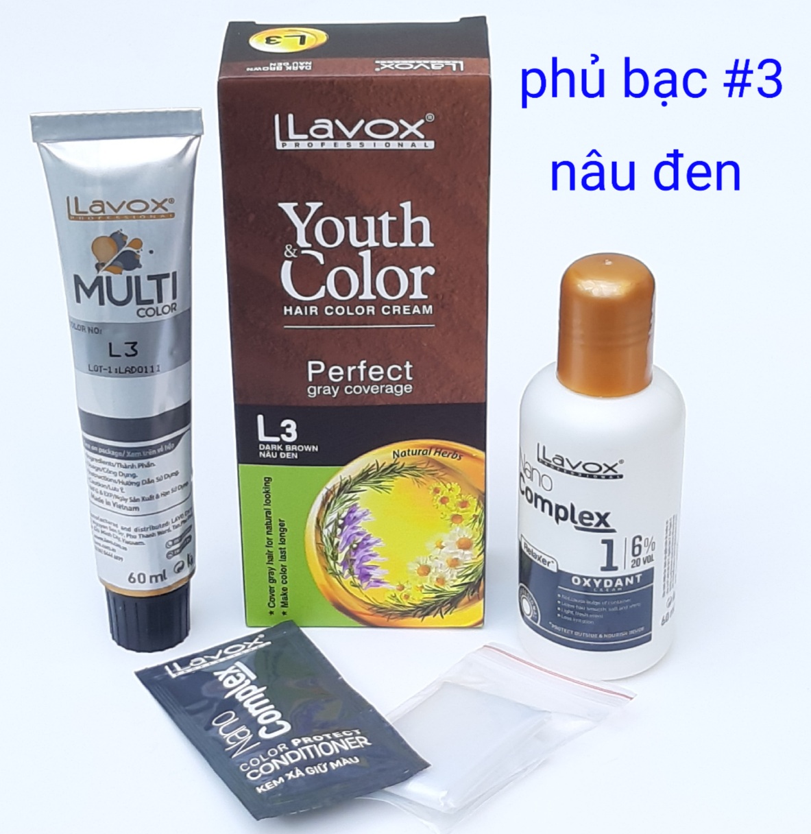 Nhuộm Lavox nhuộm PHỦ BẠC 100% Chocolate Đậm (TẶNG KÈM OXY TRỢ NHUỘM) nhuộm phủ bạc lavox Cao Cấp 100% 60x2 (L6)