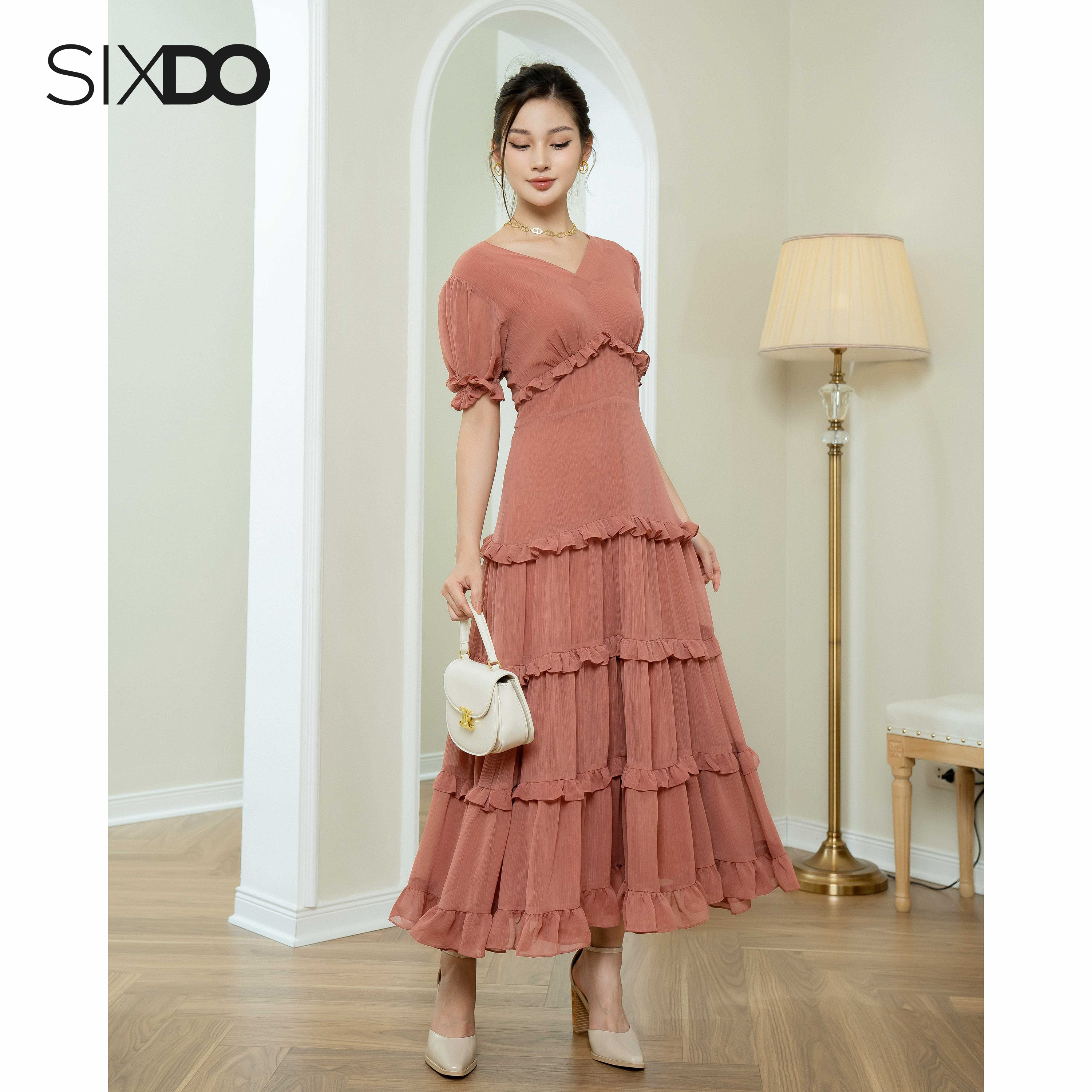 Đầm maxi voan cổ V SIXDO (Russet Midi Voile Dress)