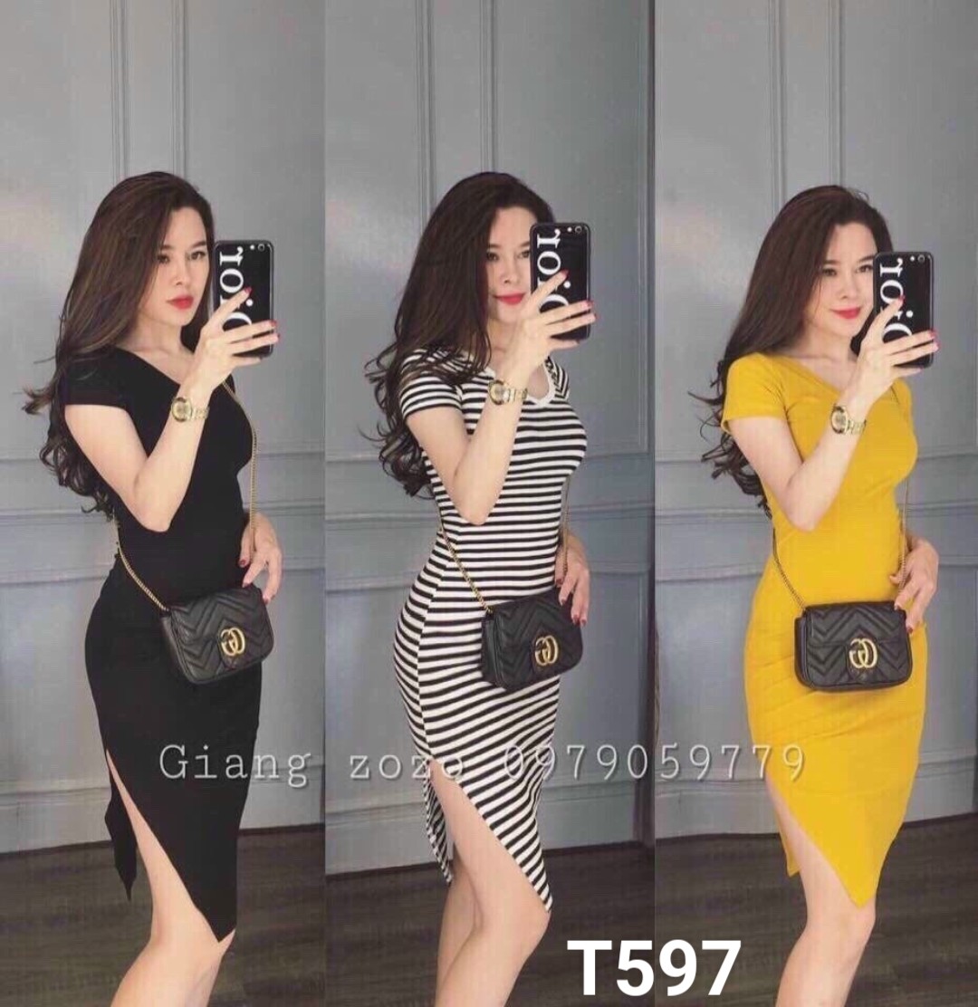 Đầm thun ôm body xẻ tà dạo phố T597