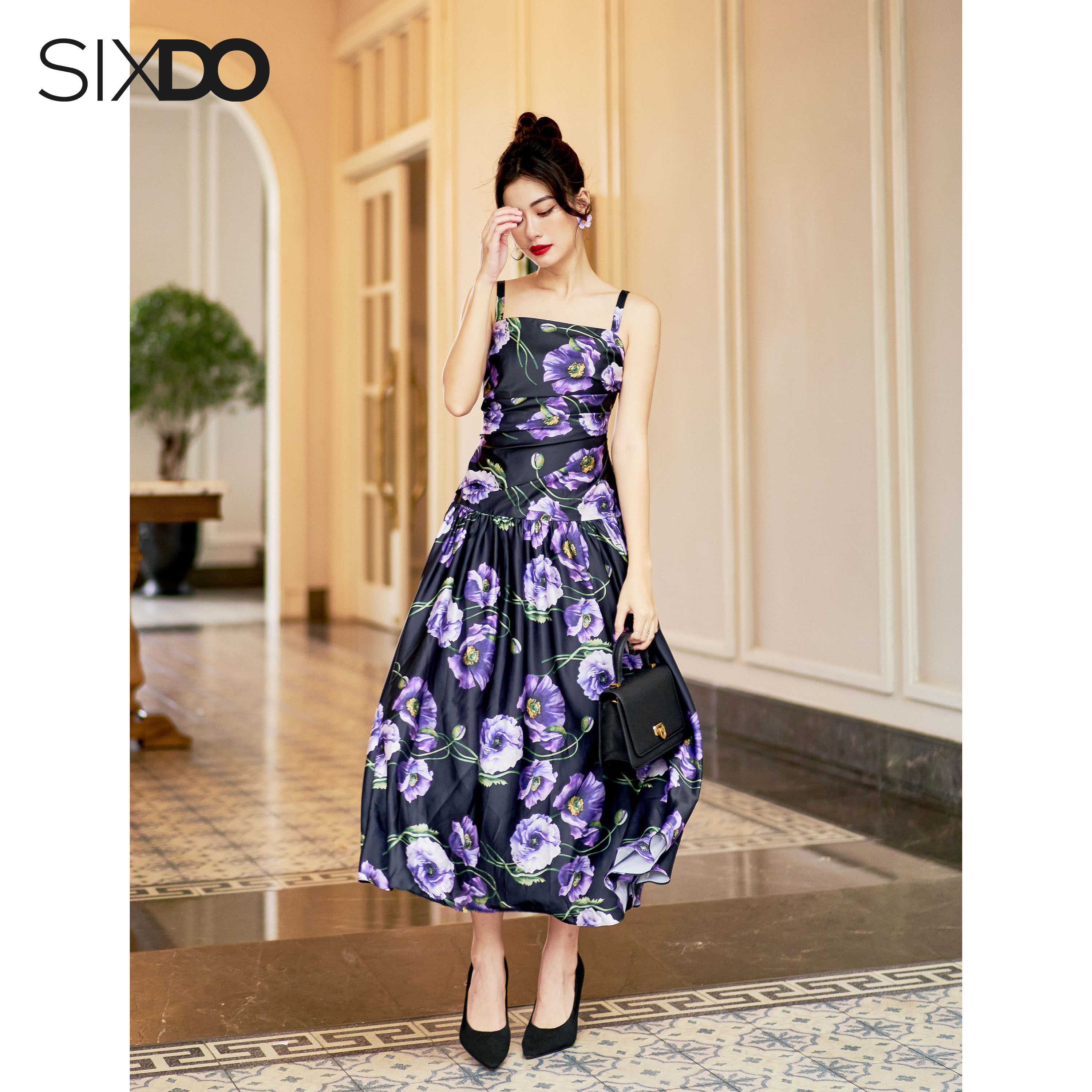 Đầm họa hai dây hoa poppy SIXDO (Black Poppy Midi Silk Dress)