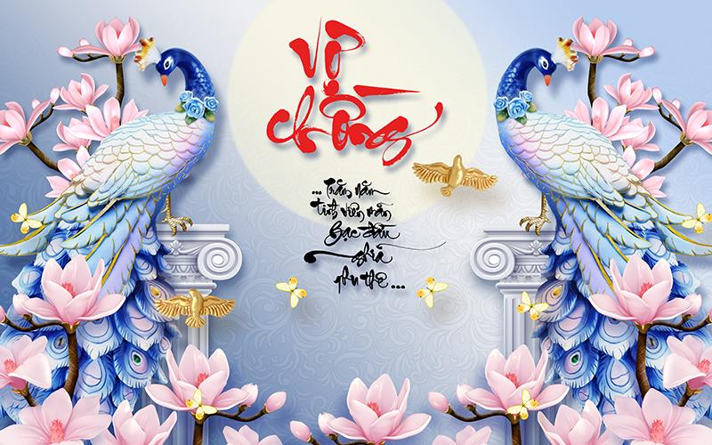 Tranh dán tường VTC Đôi chim công thư pháp Vợ Chồng UD0629 kim sa