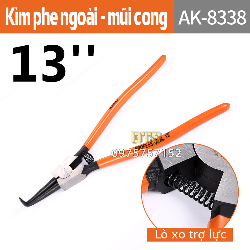Kìm mở phe mỏ cong hãng asaki đủ kích thước 7'' 9'' 13'' ak-8335 ak-8337 ak-8338, kìm phe ngoài mũi cong thép cr-v lò xo trợ lực, kìm phanh, kềm phe chuyên nghiệp, kềm mở phe vòng ngoài, kìm mở phanh ngoài, kim mo phe