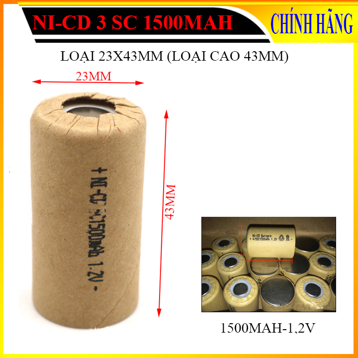 Pin Ni-Cd (số 3) SC 1500mAh 1,2V, Pin Nikel (loại 43mm) - Bán buôn