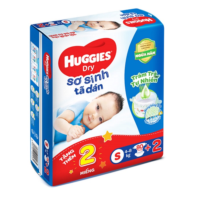 Tã dán Huggies size S80+2M (82 miếng) cho bé sơ sinh từ 4-8kg