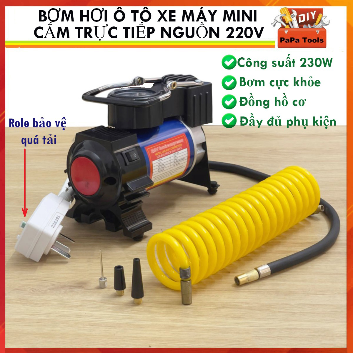 Máy Bơm hơi chạy điện 220V PapaTool dành cho oto ,xe máy ,xe đạp-Máy bơm hơi đa năng dùng cho mọi gia đình.