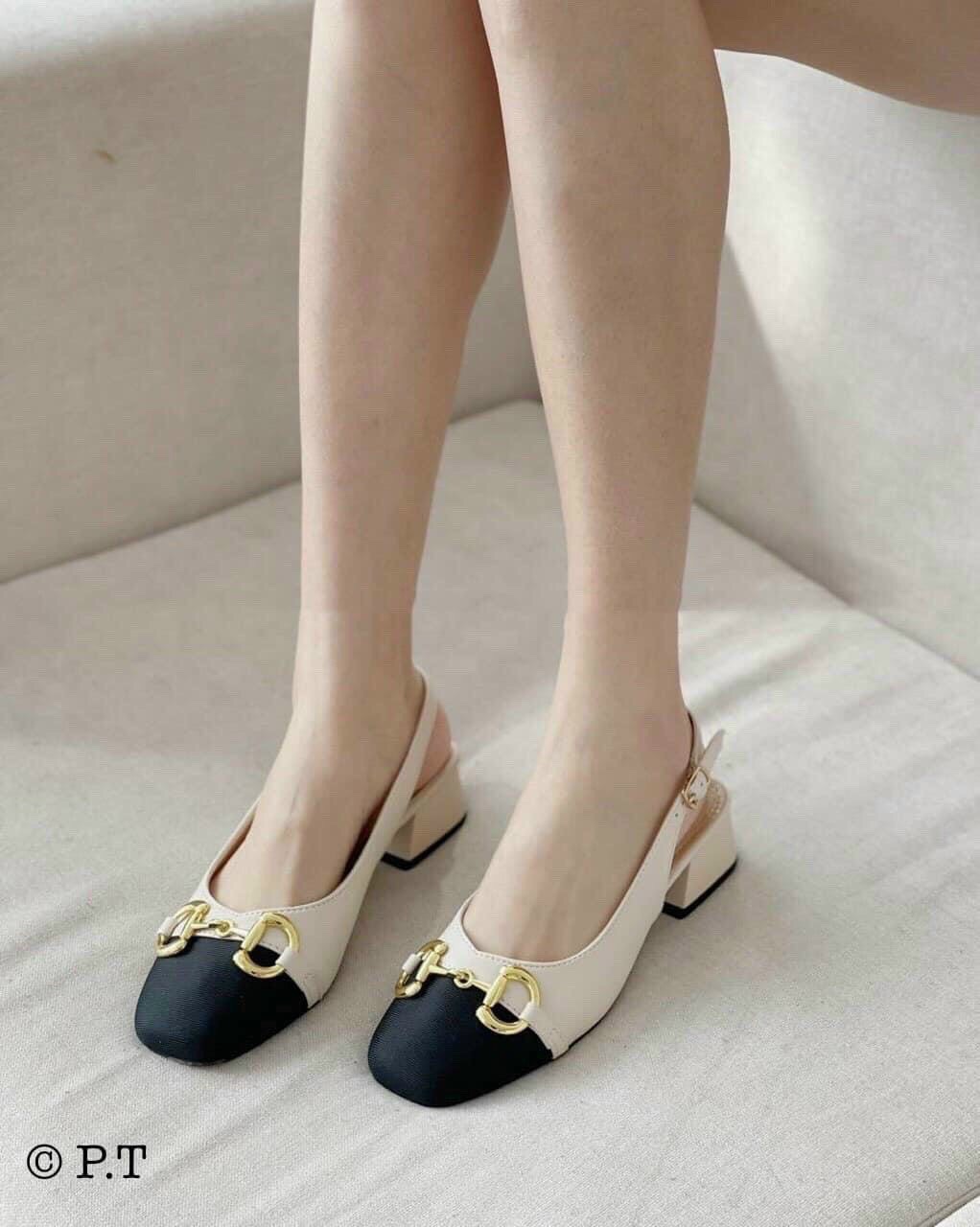 Sandal nữ sandal công sở gót vuông 3p cài khuy 2 màu kem đen size chuẩn