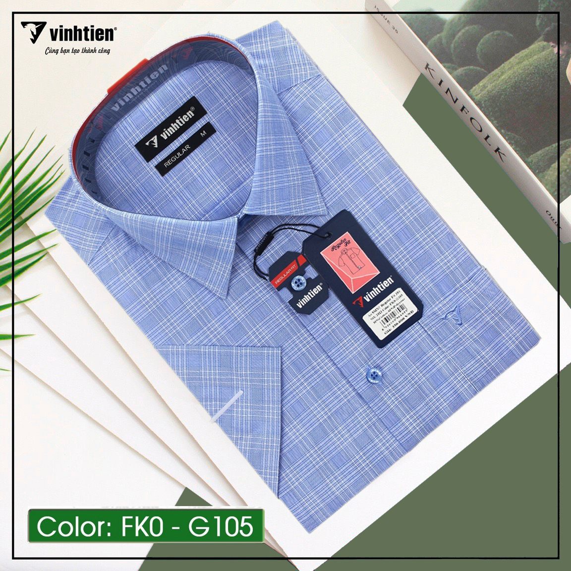 Áo sơ mi cotton sọc caro ngắn tay dáng regular vạt ngang vĩnh tiến gtb 350