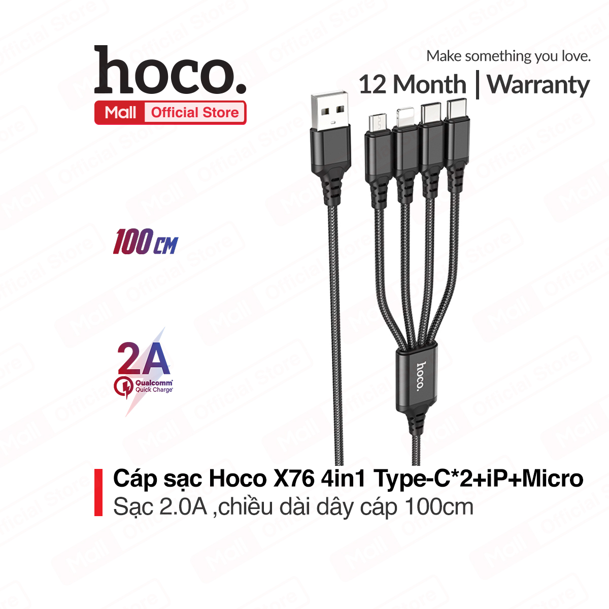 Cáp sạc hoco x76 4-in-1 2type-c + lightning + micro hổ trợ sạc 2.0a dây dù siêu bền dài 100cm
