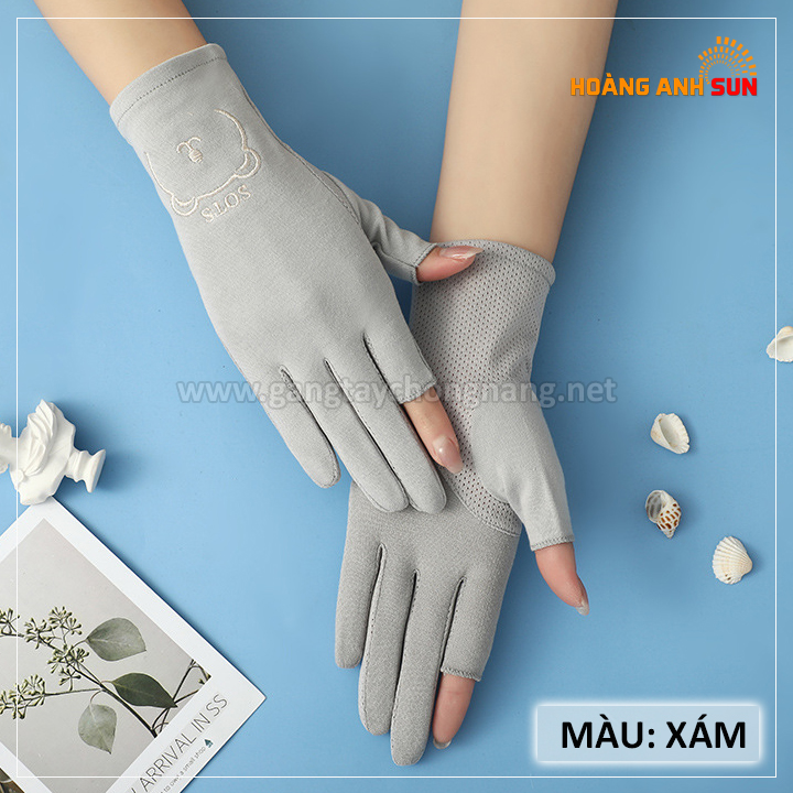 Găng tay chống nắng đi xe máy hở 2 ngón cho nữ | Găng tay mềm, thật tay lái, thoáng khí, thoải mái khi đeo, dùng điện thoại thuận tiện, họa tiết gấu đáng yêu