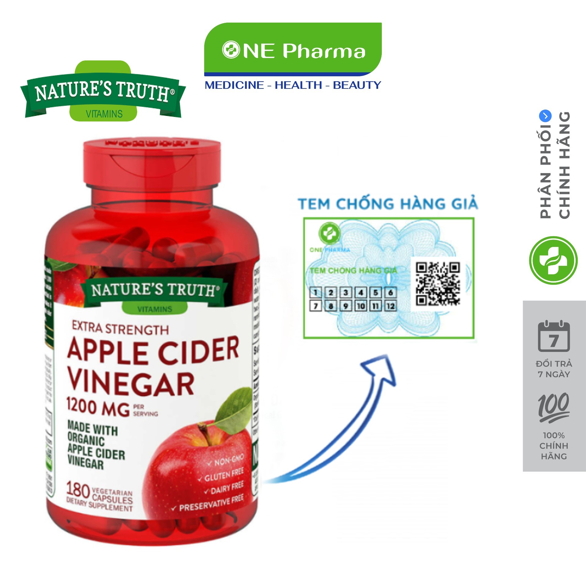 Viên giấm táo giảm cân hữu cơ Nature’s Truth Apple Cider Vinegar 1200mg 180 Viên