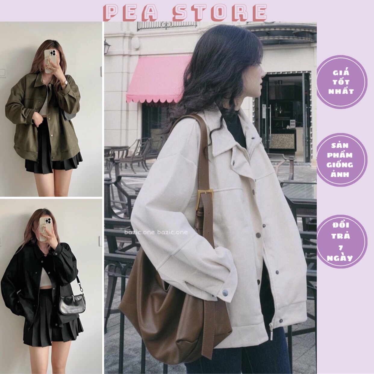Áo khoác da lộn 2 lớp cổ bẻ cúc bấm Pea Store (Ảnh thật)