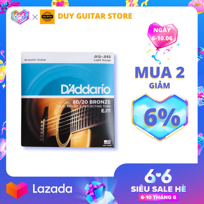 Bộ dây đàn guitar acoustic D'addario EJ11 size 12 chính hãng (80/20 Bronze Strings) light gauge