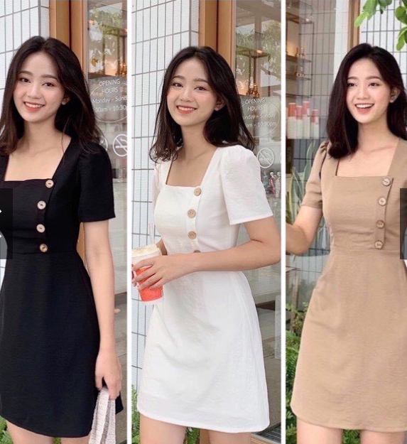 Đầm Nữ Cổ Vuông Phối Nút Công Sở