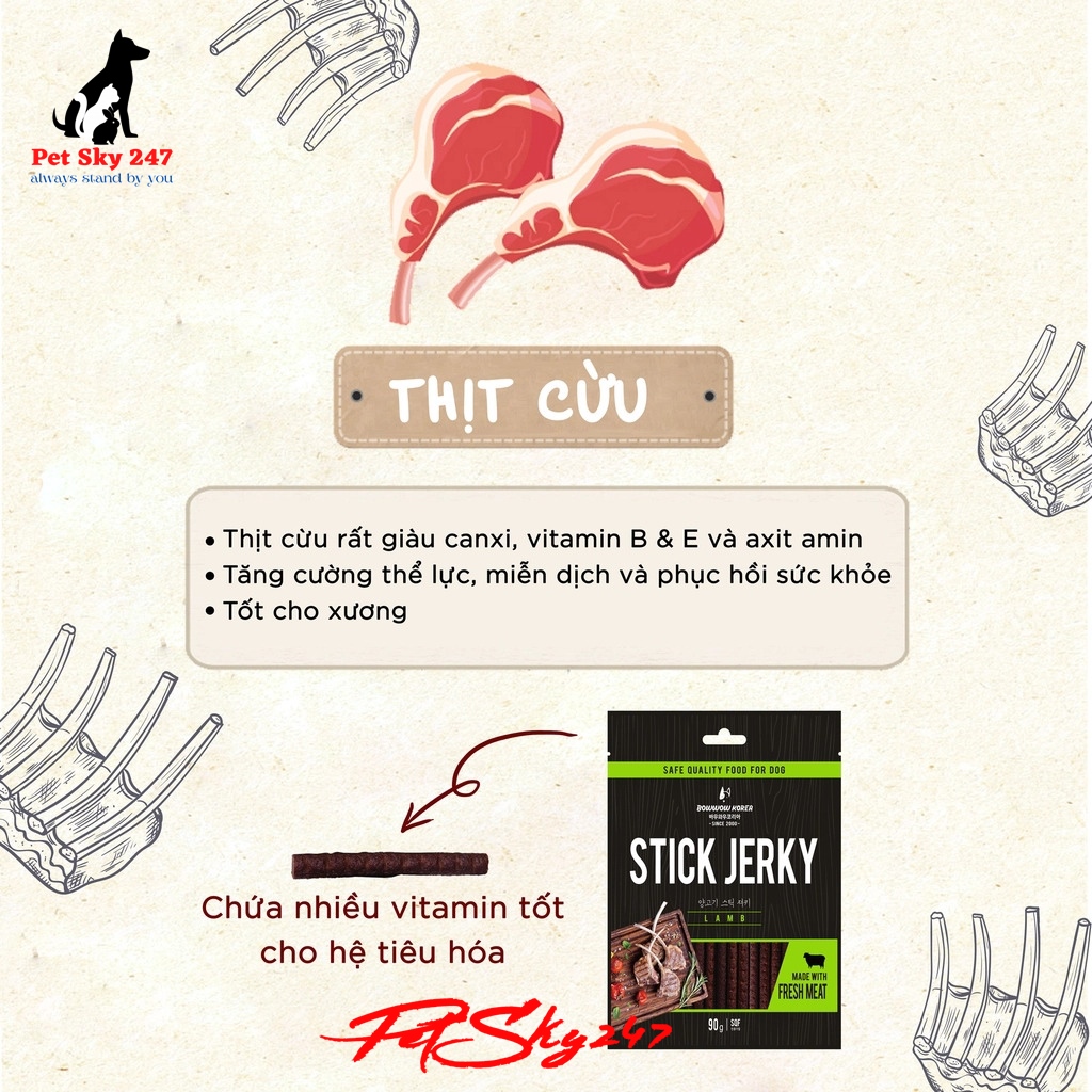 Thức Ăn Vặt Snack Thịt Cừu Que Cho Chó Bow Wow Beef Jerky 500g