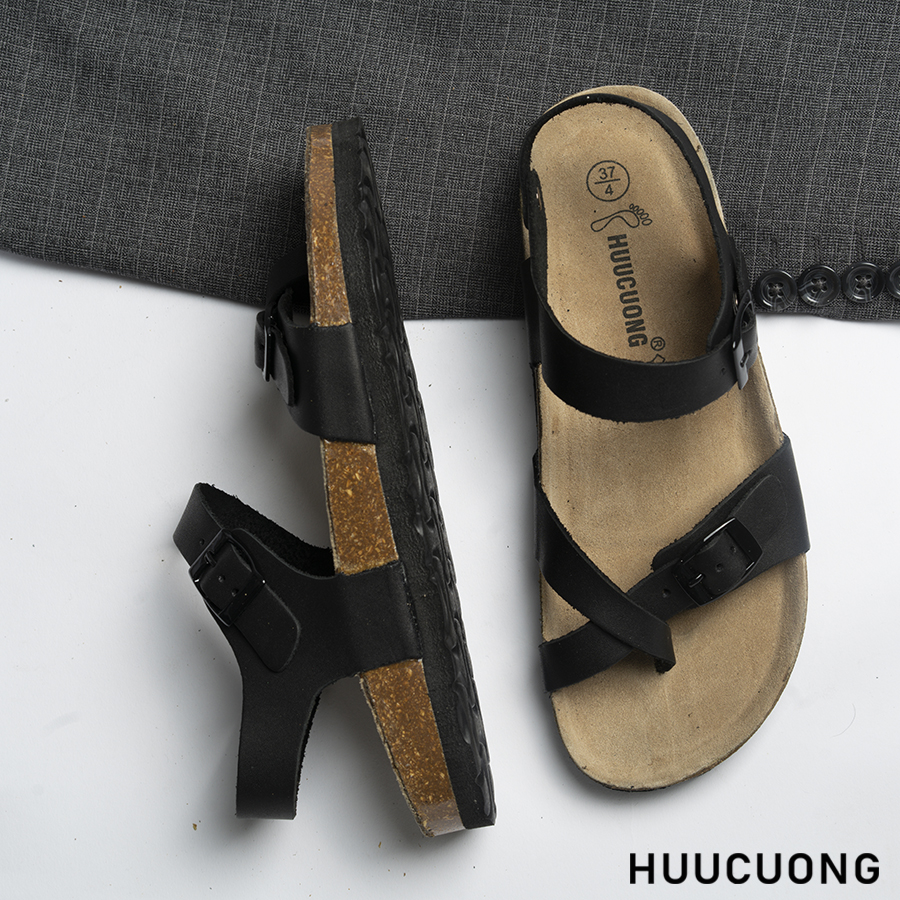 Giày Sandal Unisex xỏ ngón da bò đen đế trấu