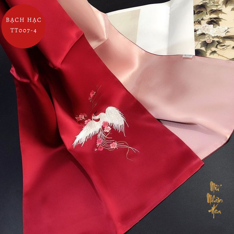 Khăn Lụa Thêu Tay Cao Cấp Hoạ Tiết Chim Bạch Hạc