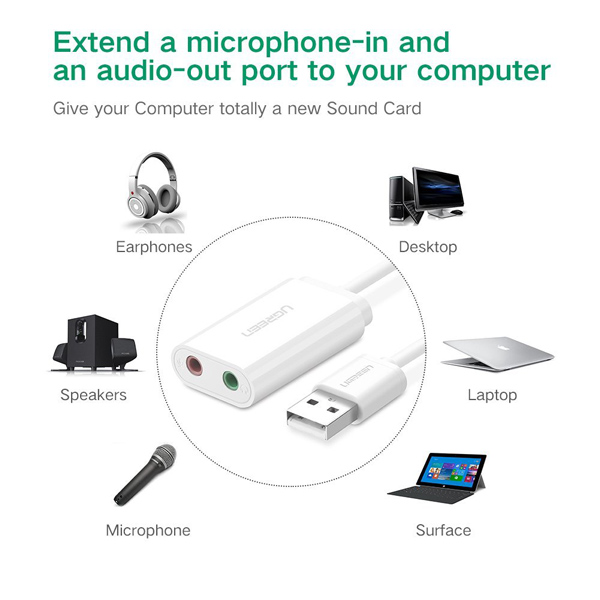 Cáp chuyển USB ra Sound UGREEN 30143 (jack 3.5mm Headphone và Microphone) Chính Hãng