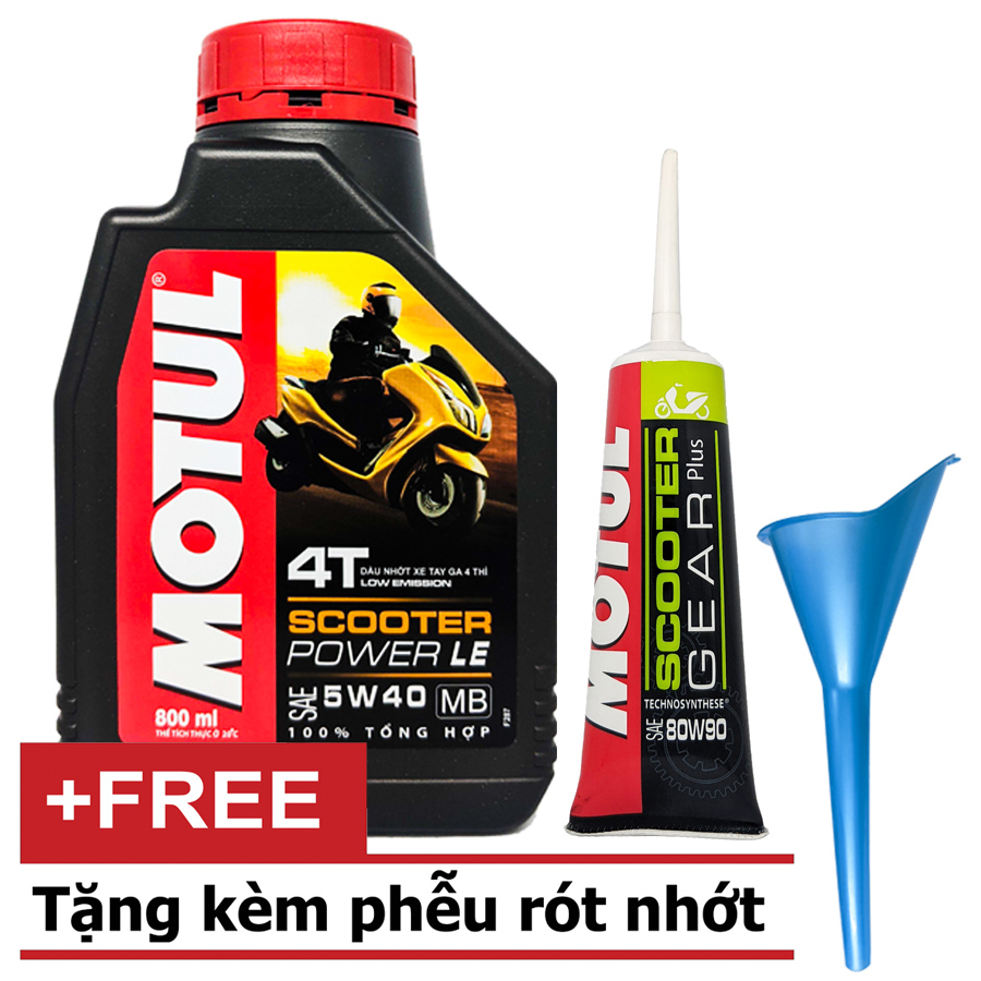( Tặng Free 1 Phễu Châm Nhớt) COMBO Dầu nhớt tổng hợp tay ga MOTUL SCOOTER POWER LE 5W40 800ML (0.8L) + Nhớt lap Motul  80w90 120ml