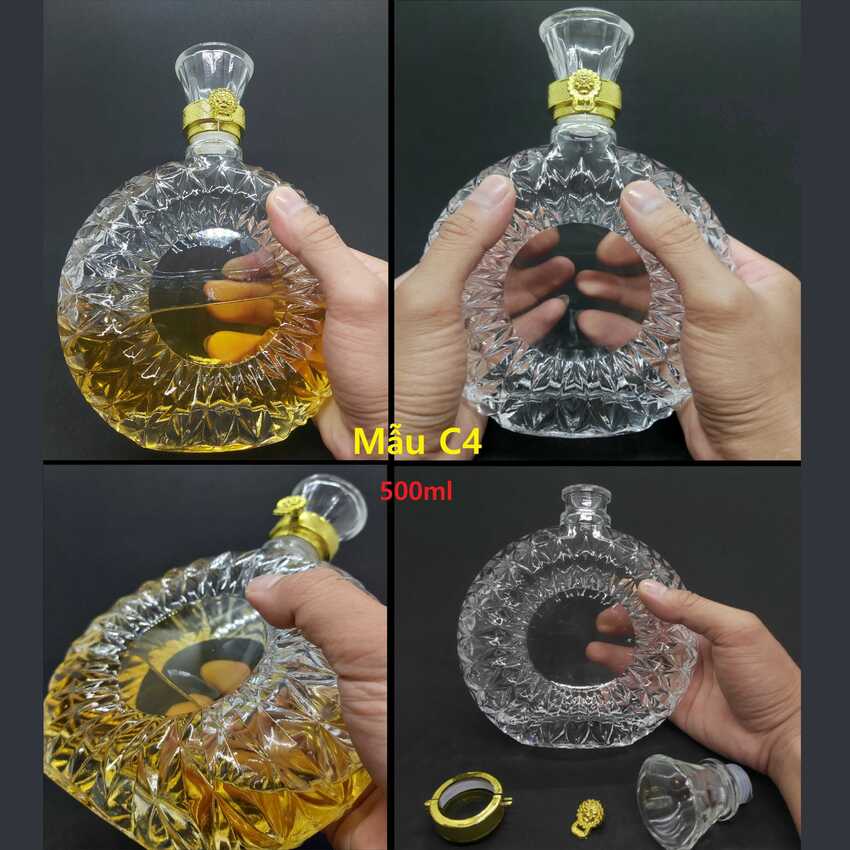 Chai Đựng Rượu Thủy Tinh 500ML (combo 2 cái) cao cấp mẫu xo tròn dẹp – Vỏ Chai Rượu Thủy Tinh - Chai Thủy Tinh Đựng Rượu 500ML sang trọng (C4)