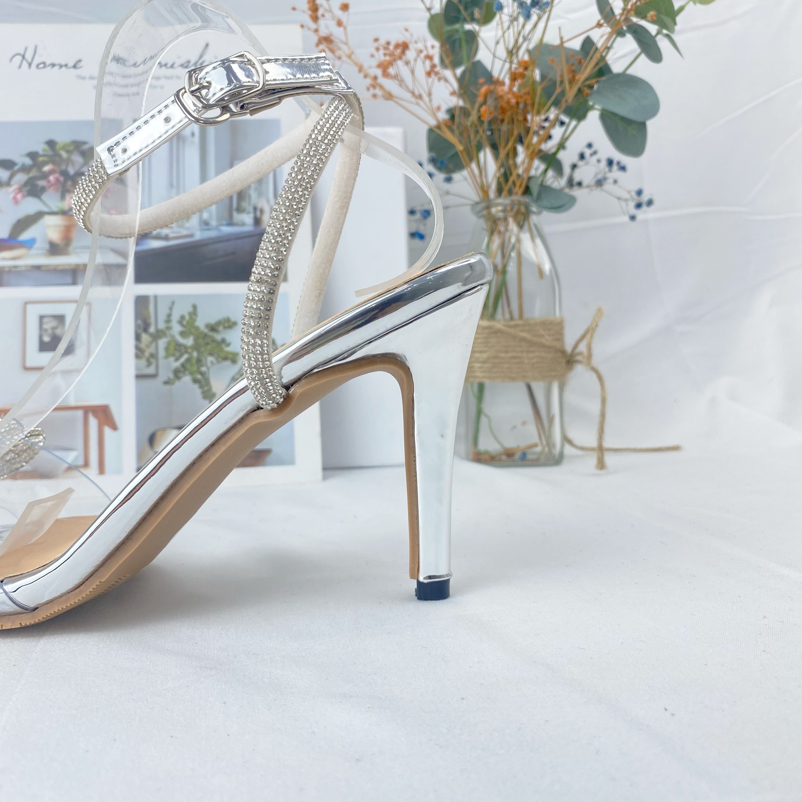 Sandal cao gót nữ mũi nhọn quai ngang mica đính nơ đá sang chảnh, giày cao gót nữ mũi nhọn gót nhọn cao 9p đi tiệc M35