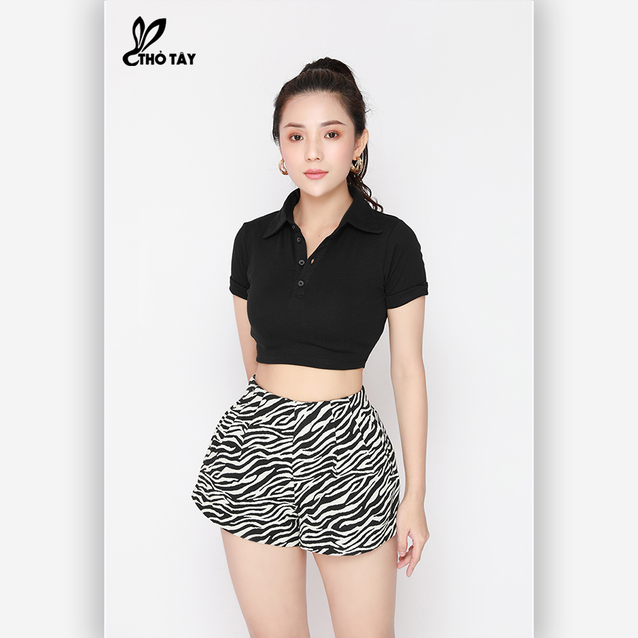 Áo Thun Nữ Cổ Bẻ Form Croptop - THỎ TÂY A220B645