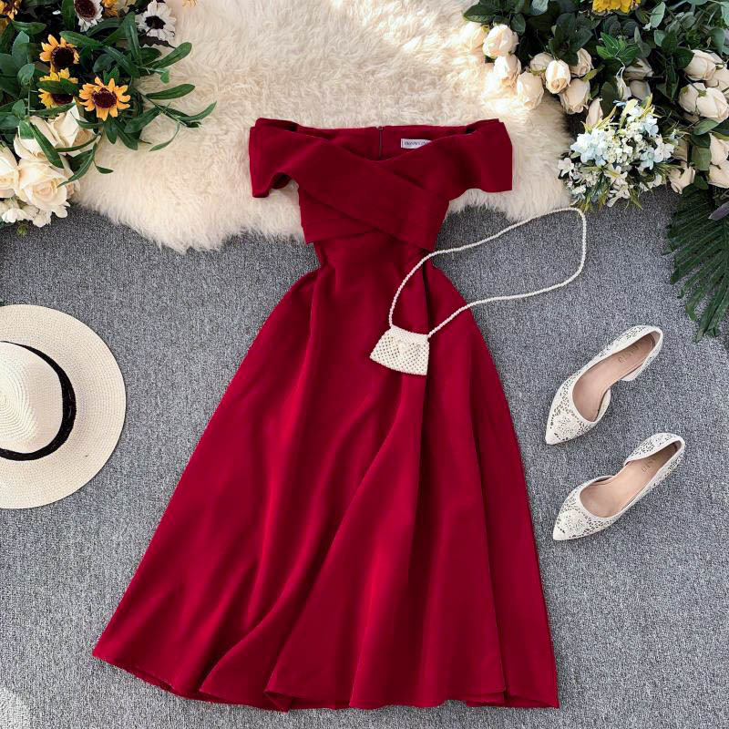 Váy Lễ Phục Của Phụ Nữ Tiệc Mốt Thời Thượng Tiểu Thư Khí Chất Trễ Vai Vặn Bó Eo Tôn Dáng Kiểu Pháp Phong Cách Retro Qua Đầu Gối Đầm