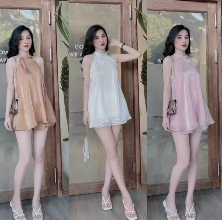 Set bộ nữ quần đùi áo cổ yếm chất phi đũi cao cấp #setbonu