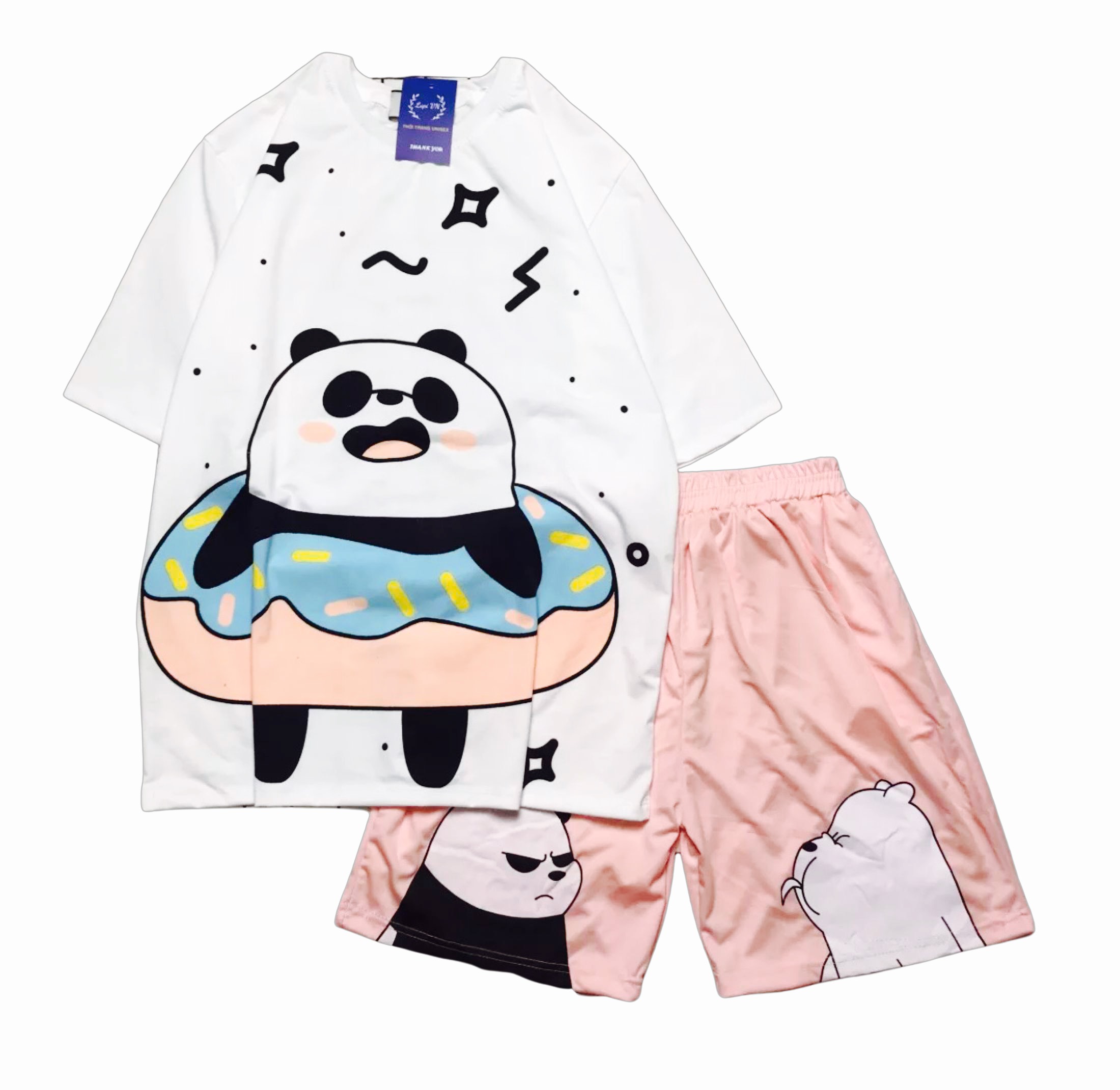 Đồ bộ áo thun tay ngắn in hình gấu trúc ôm phao kết hợp quần đùi siêu cute nam nữ đều mặc được TTSLB0010a