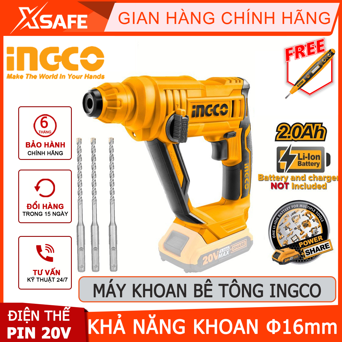 Machine concrete drill battery ingco CRHLI1601 | drill using battery portable power generation battery 20V, no-load speed 0-900rpm, capable of drilling concrete maximum Φ 16mm, no drill hole screws material surface concrete, wood, wall