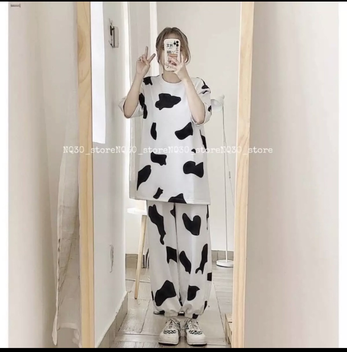 SET ĐỒ BỘ QUẦN DÀI PHỐI ÁO PHÔNG HỌA TIẾT BÒ SỮA SIÊU HOT