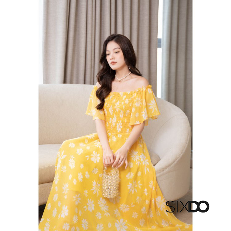 Đầm hoa maxi trễ vai bo chun SIXDO (Floral Maxi Dress)
