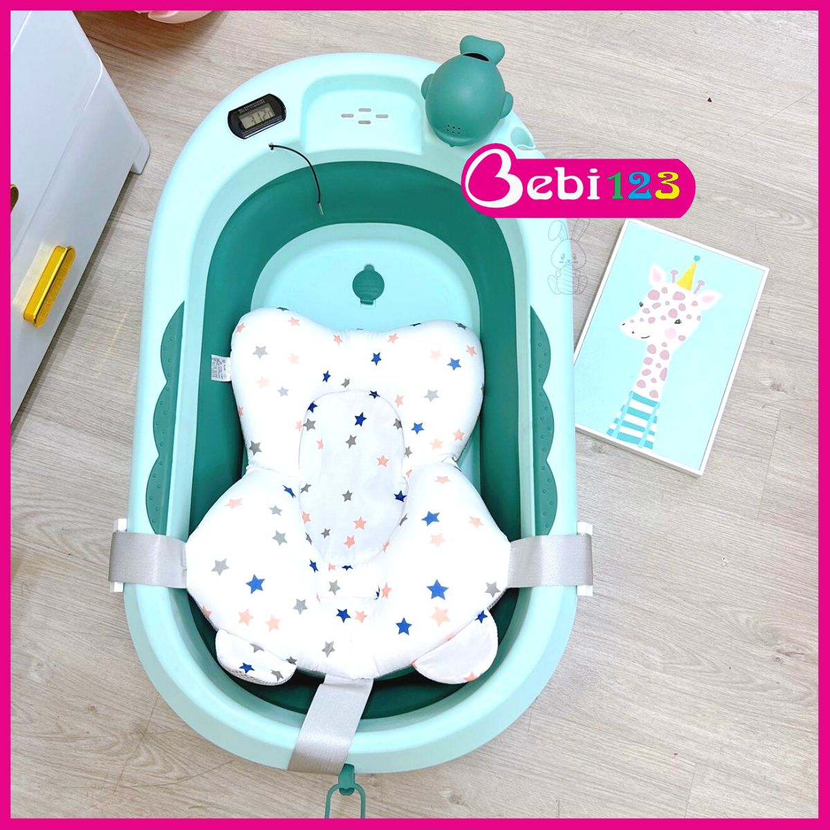 Thau, Chậu Honper Có Nhiệt Kế Đo Nước tắm gấp gọn tiện lợi kèm Phao lưới tắm êm ái cho bé