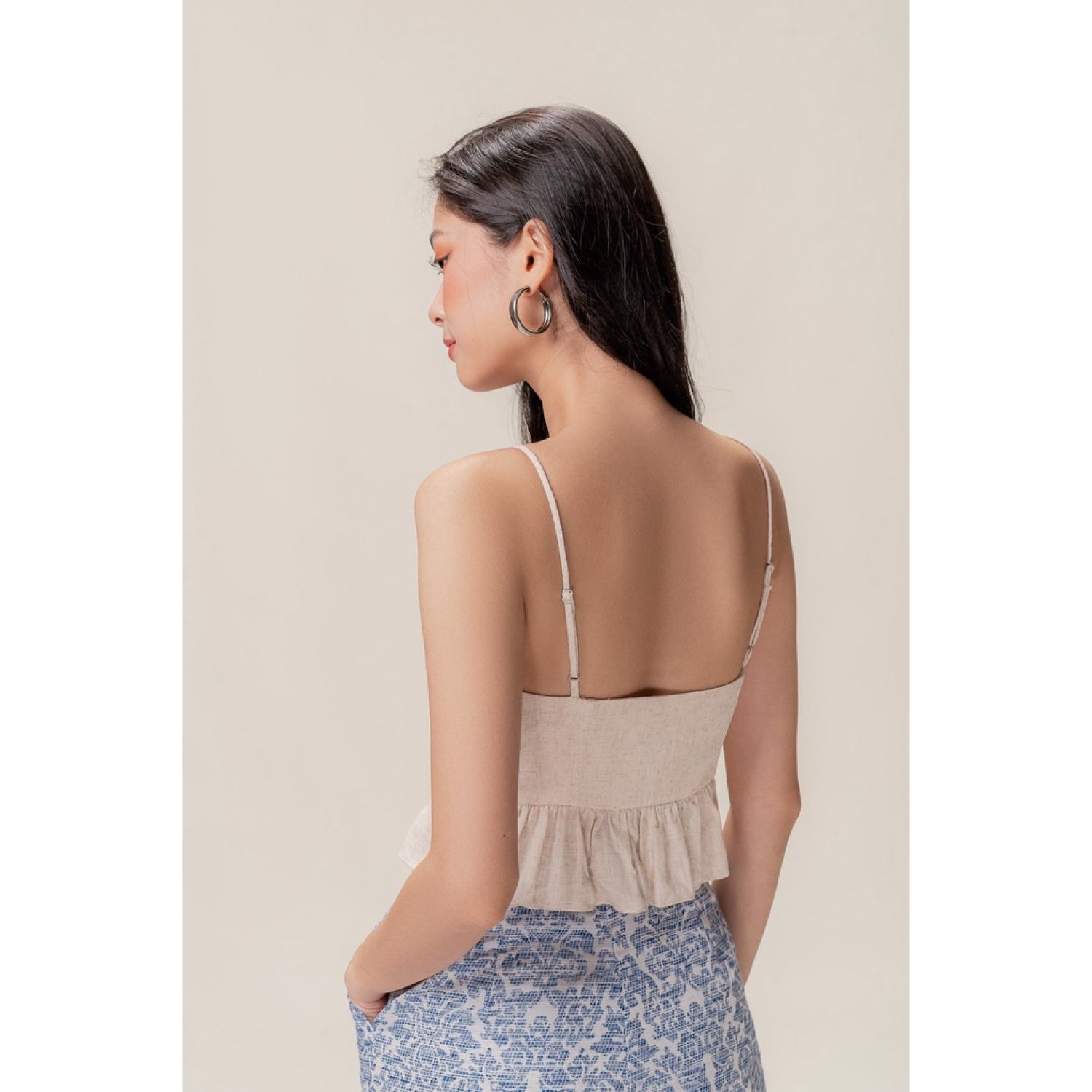 LIBÉ - Áo linen hai dây mảnh màu nâu sữa nhạt