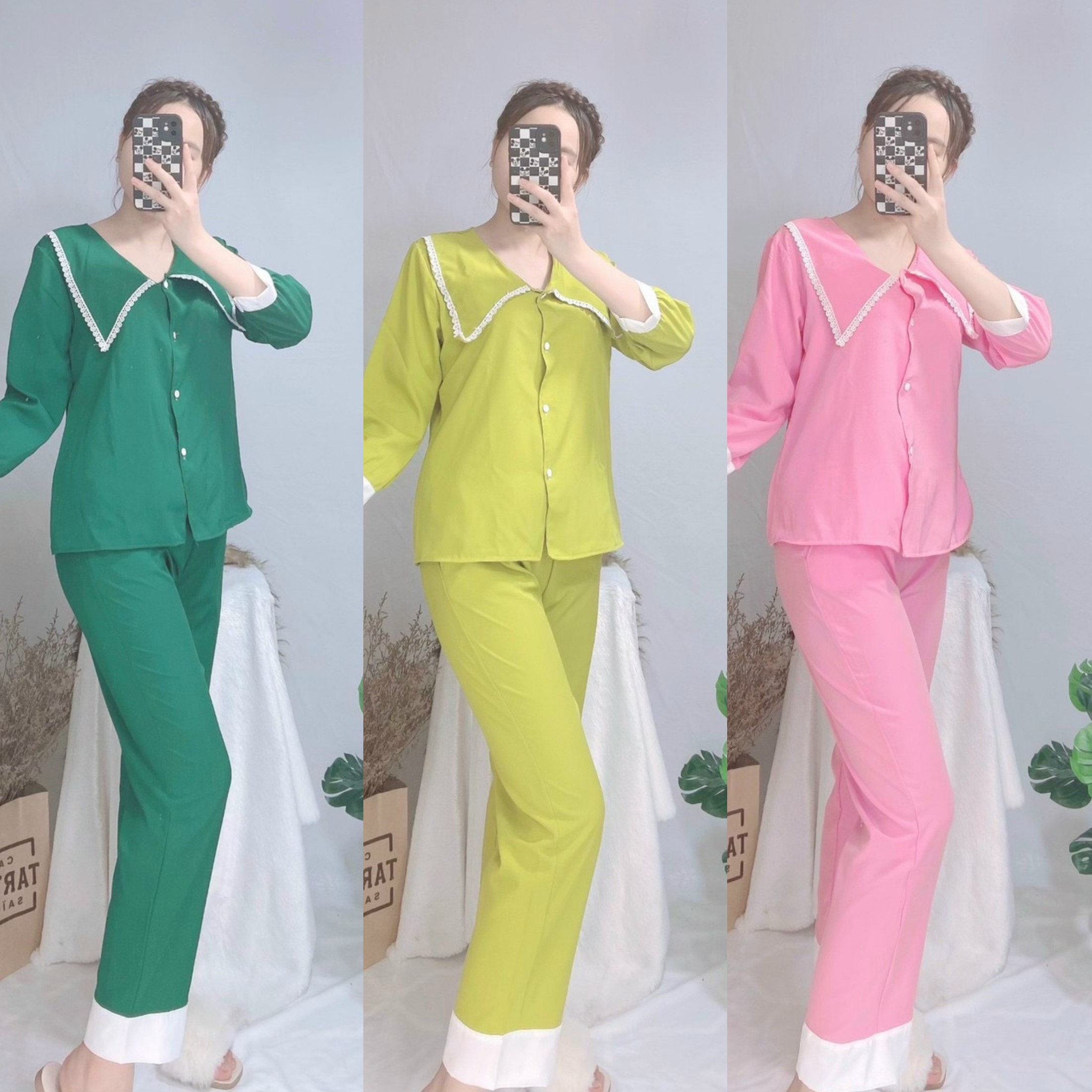 Pijama Lụa Nữ dài tay , Bộ Đồ Pijama lụa nữ mặc nhà ngủ, pizama lụa nữ - mẫu trơn nhiều màu siêu xinh freesize dưới 57kg