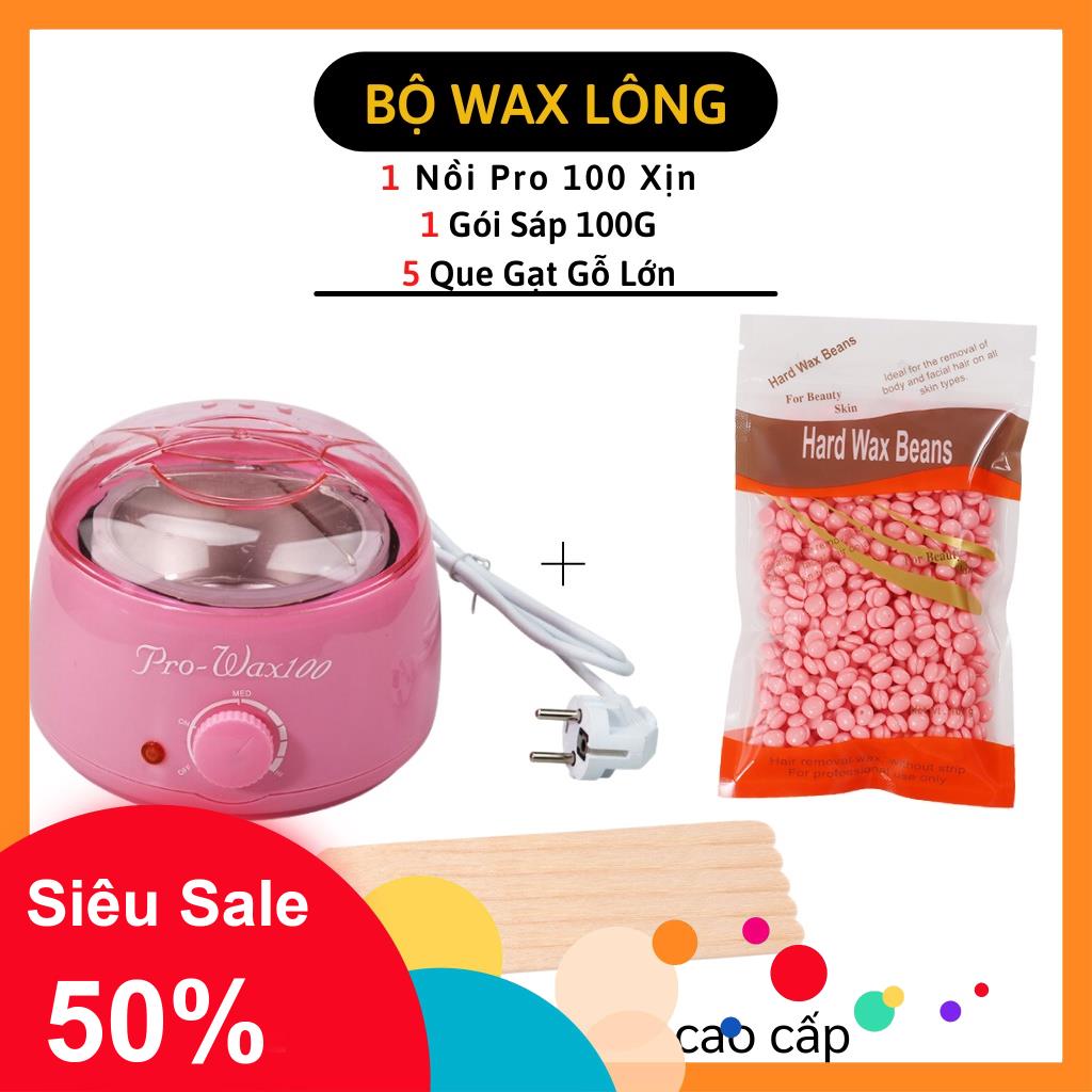 Combo nồi nấu sáp wax lông pro 100 + sáp wax lông cao cáp + 5 que gạt gỗ lớn - bộ tẩy lông