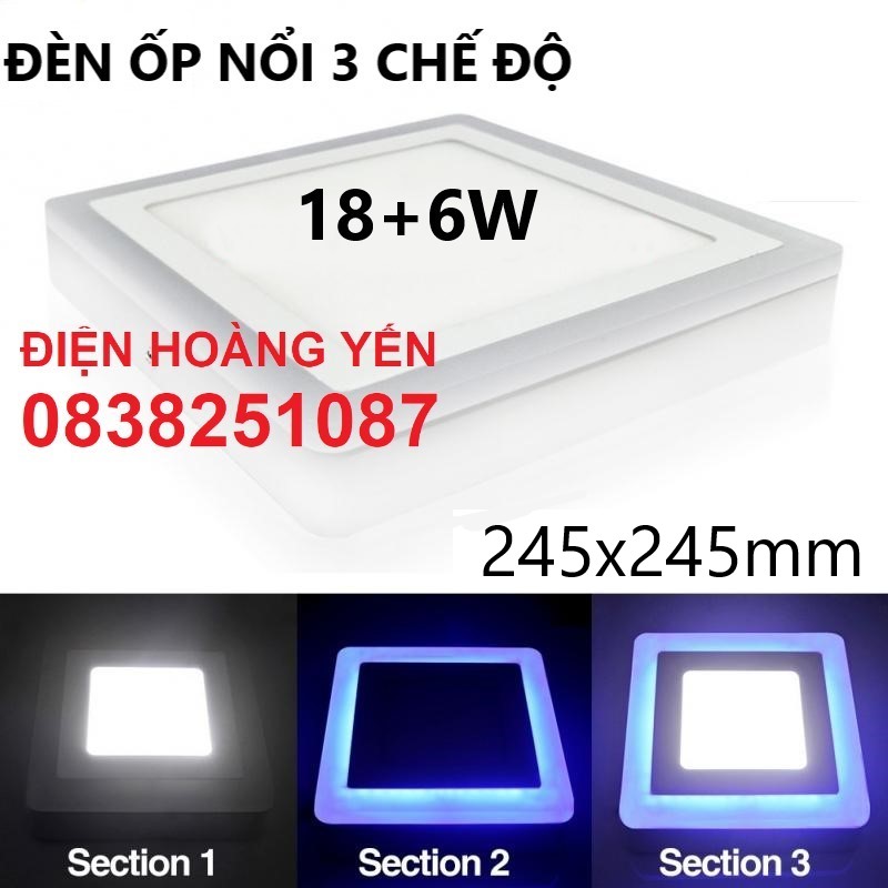 Đèn led ốp trần 24w vuông 2 màu 3 chế độ trắng xanh Ánh sáng: trắng viền xanh dương Kiểu đèn vuông thây đổi màu theo công tắc chính mỗi lần bật tắc