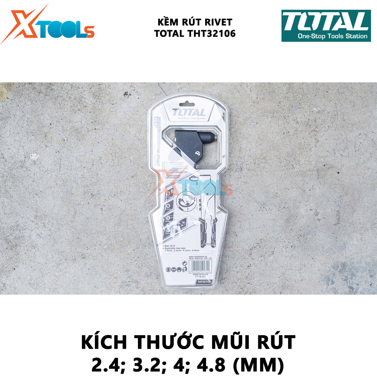 Kìm rút đinh tán TOTAL THT32106 | kềm rút rivet Kích thước 10.5 inch | Kích thước mũi rút 2.4mm, 3.2mm, 4mm, 4.8mm | Chất liệu thép+nhôm