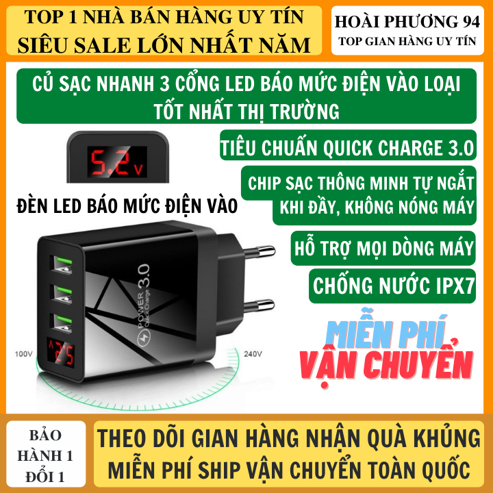 Củ Sạc Nhanh 3 Cổng Có Led Hiển Thị Dòng Điện Vào Hỗ Trợ Mọi Dòng Máy Công