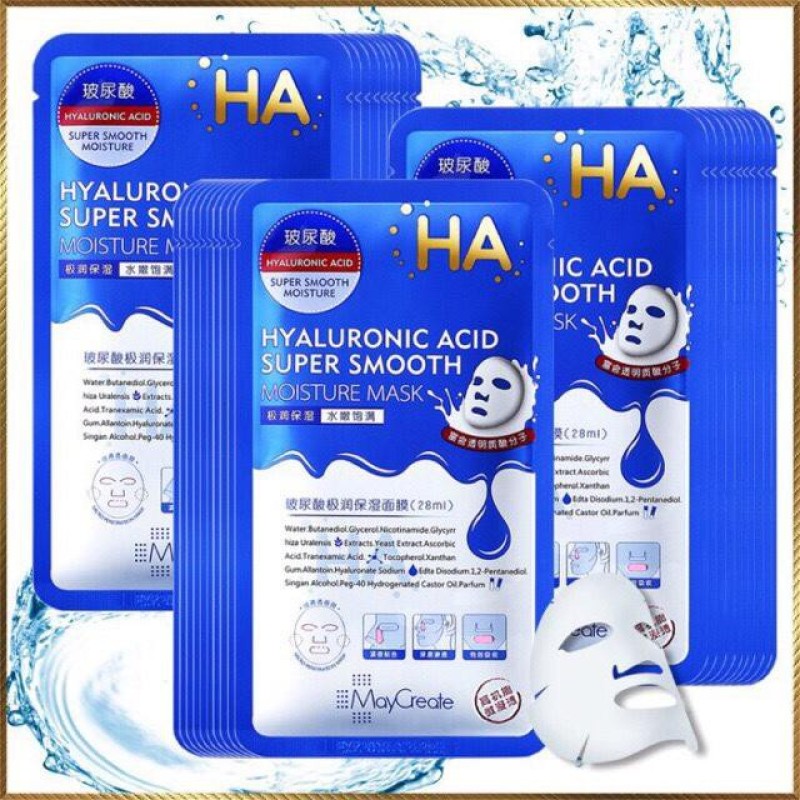 Bộ 20 miếng mặt nạ đắp mặt siêu cấp ẩm MayCreate HA Xanh Hyaluronic Acid Super Smooth Moisture Mask nhập khẩu