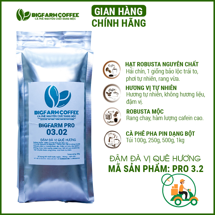 Cà phê mộc truyền thống nguyên chất Robusta Bảo Lộc giống Bigfarm coffee Pro 3.2, rang vừa, dùng pha phin 500g
