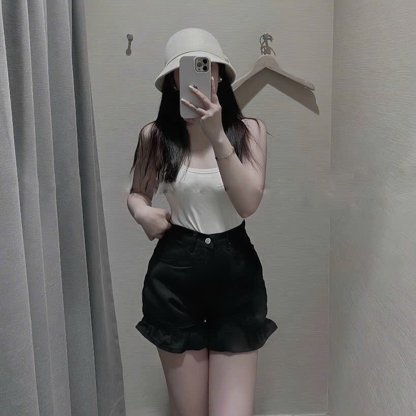 Quần Short Nữ Jean Lưng Cao Lai Phối Bèo