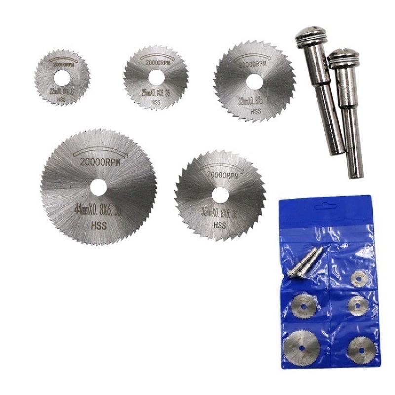 Lưỡi cắt mini dùng cắt gỗ thép HSS (5 đĩa cắt răng + 2 chân cán 3mm) 7 chi tiêt