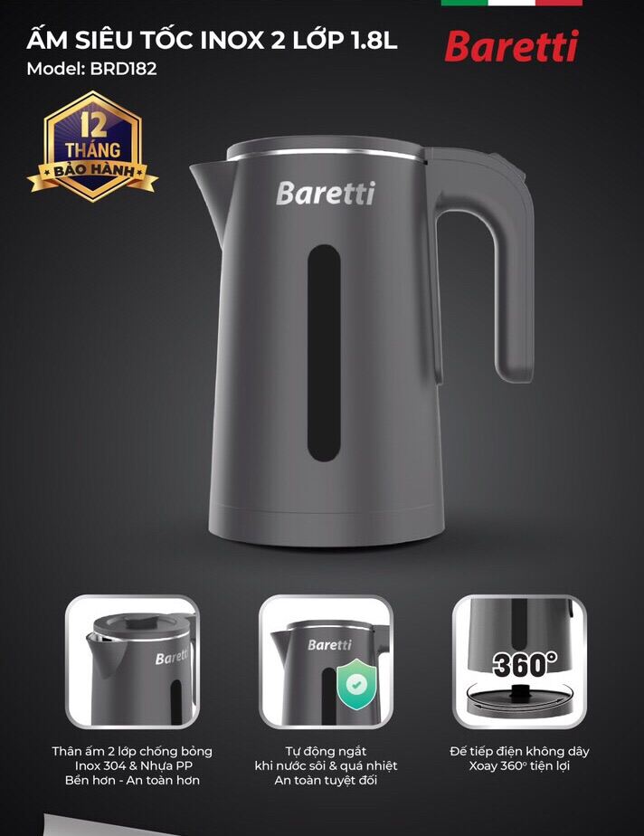 [ 7 NGÀY ĐỔI MỚI ] ẤM SIÊU TỐC - BÌNH SIÊU TỐC INOX 2 LỚP CAO CẤP SUNHOUSE BARETTI 1.8 lít , THƯƠNG hiệu cao cấp thuộc tập đoàn Sunhouse !